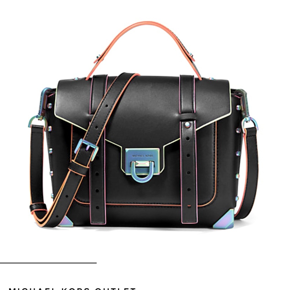 Michael Kors MK Manhattan neon contrast
trim black satchel bag crossbody